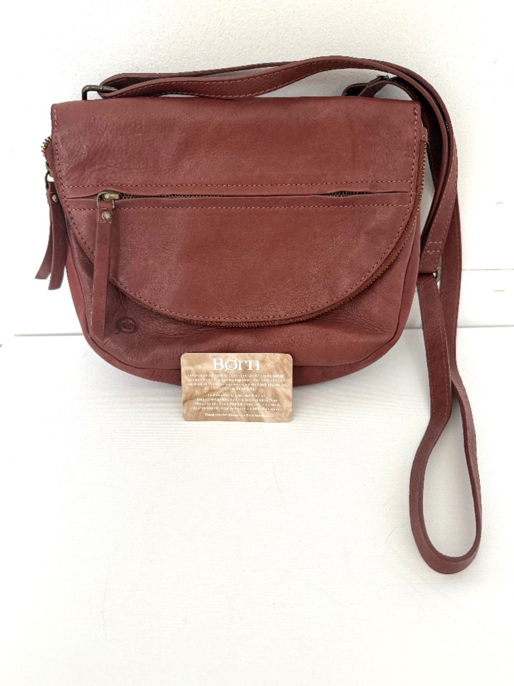 Born Genuine Leather Crossbody Bag Cognac Brown Flap Adjustable Strap